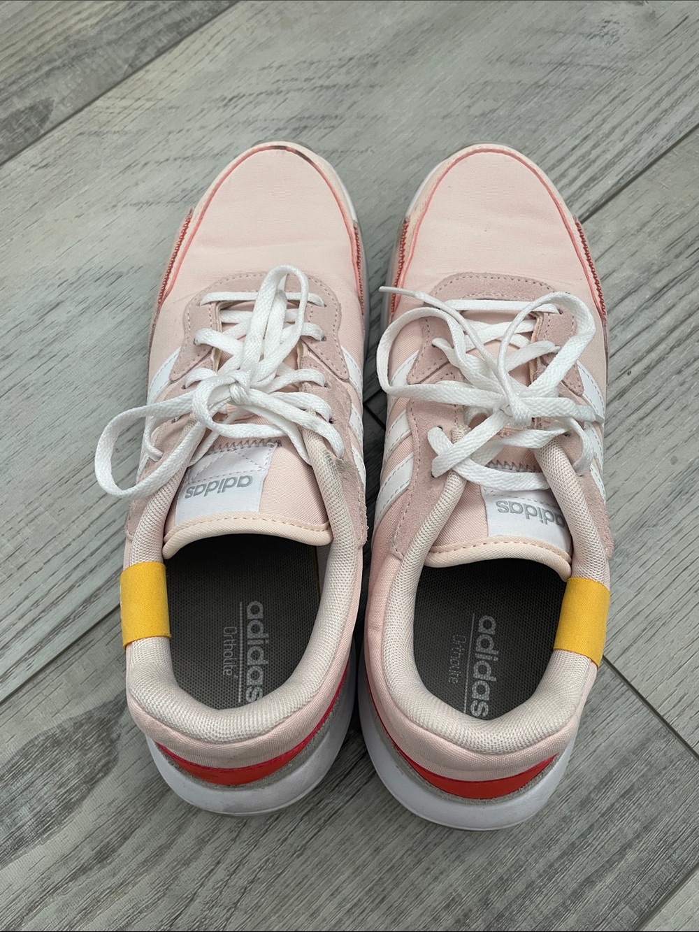 adidas Ortholite Women Pink Sneakers with White Stripes and Yellow Heel Accent
